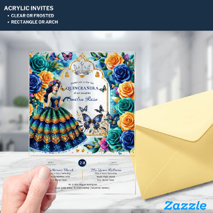 Invitaciones Acrílicas Fiesta Floral Butterflies QUINCEANERA Oro Azul