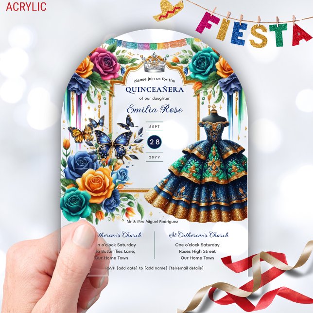 Invitaciones Acrílicas Fiesta Floral Butterflies QUINCEANERA Oro Azul (Subido por el creador)