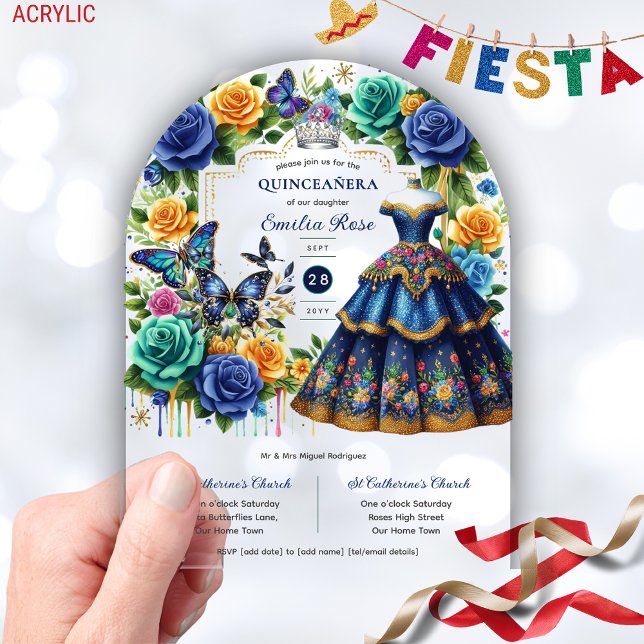 Invitaciones Acrílicas Fiesta Floral Butterflies QUINCEANERA Oro Azul (Subido por el creador)