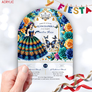 Invitaciones Acrílicas Fiesta Floral Butterflies QUINCEANERA Oro Azul