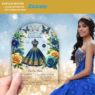Invitaciones Acrílicas Fiesta Floral Butterflies QUINCEANERA Oro Azul