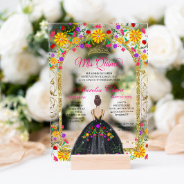Invitaciones Acrílicas Fiesta floral mexicana Princesa de Oro Quinceanera