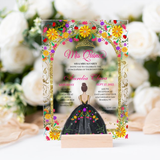 Invitaciones Acrílicas Fiesta floral mexicana Princesa de Oro Quinceanera (Subido por el creador)