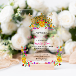 Invitaciones Acrílicas Fiesta floral mexicana Tiara Quinceanera