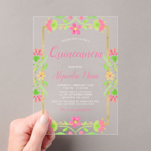 Invitaciones Acrílicas Fiesta floral Oro rosa Quinceanera (Insitu (portátil))