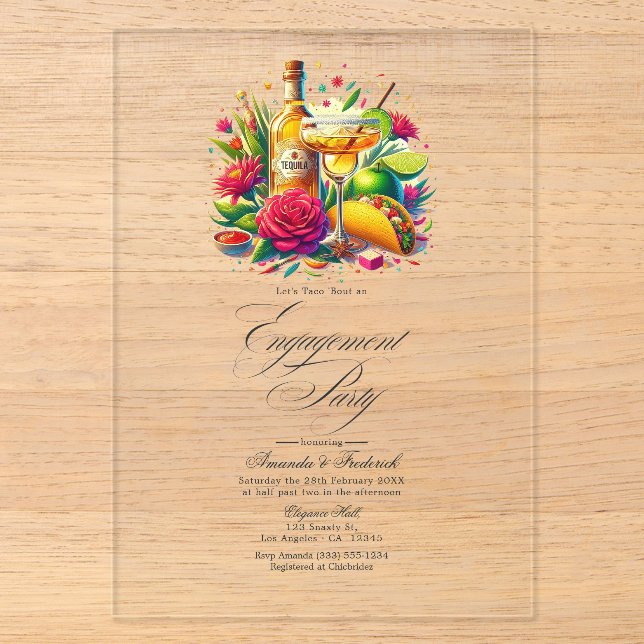 Invitaciones Acrílicas Fiesta Mexicana Transparente de Compromiso (Anverso)