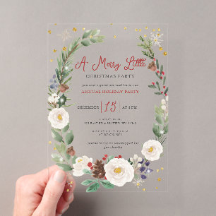 Invitaciones Acrílicas Fiesta Navideña Alegre Floral de Invierno