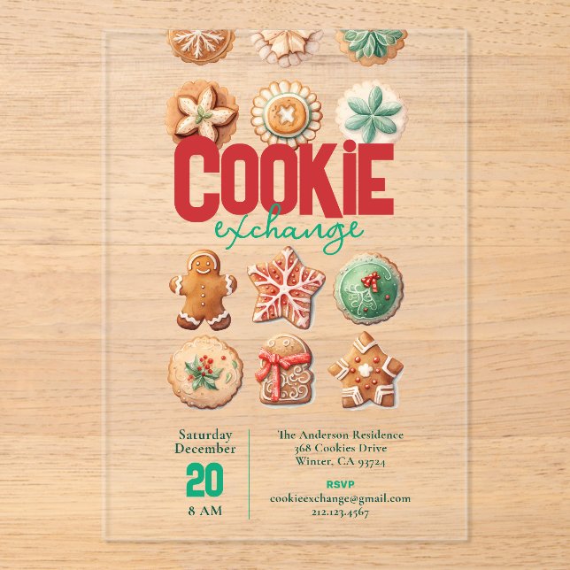 Invitaciones Acrílicas Fiesta navideña de Cookie Exchange Cute Navidades (Anverso)