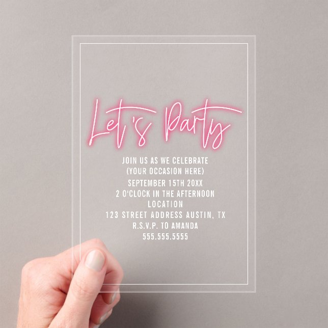 Invitaciones Acrílicas Fiesta Neon Script Genérico en cualquier ocasión (Insitu (portátil))