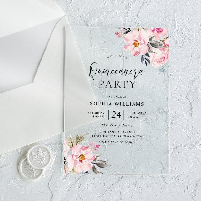 Invitaciones Acrílicas Fiesta Quinceanera de flores rosas de Rubor (Subido por el creador)