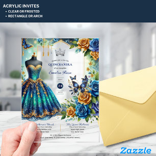 Invitaciones Acrílicas Fiesta Quinceanera Mariposas Florales Blue Gold