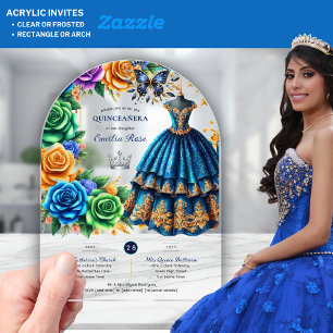 Invitaciones Acrílicas Fiesta Quinceanera Mariposas Florales Blue Gold