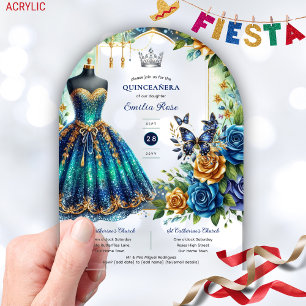 Invitaciones Acrílicas Fiesta Quinceanera Mariposas Florales Blue Gold