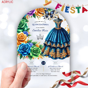 Invitaciones Acrílicas Fiesta Quinceanera Mariposas Florales Blue Gold