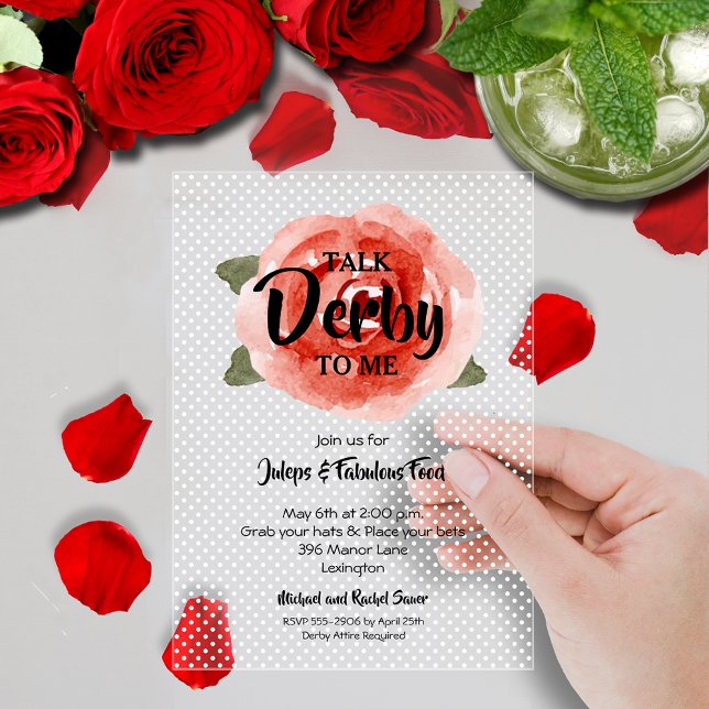 Invitaciones Acrílicas Fiesta Red Rose Derby (Large red rose on white polka dots Derby party clear acrylic party invitations)