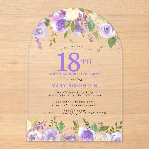Invitaciones Acrílicas FIESTA SORPRESA Cumpleaños 18 Floral Púrpura Trans