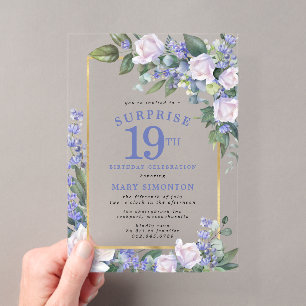 Invitaciones Acrílicas Fiesta Sorpresa Cumpleaños 19 Floral Blanco Azul