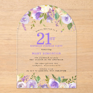 Invitaciones Acrílicas FIESTA SORPRESA Cumpleaños 21 Floral Púrpura Trans