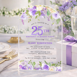 Invitaciones Acrílicas FIESTA SORPRESA Cumpleaños 25 Floral Púrpura Trans
