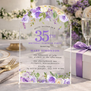 Invitaciones Acrílicas FIESTA SORPRESA Cumpleaños 35 Floral Púrpura Trans