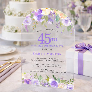 Invitaciones Acrílicas FIESTA SORPRESA Cumpleaños 45 Floral Púrpura Trans
