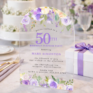 Invitaciones Acrílicas FIESTA SORPRESA Cumpleaños 50 Floral Púrpura Trans