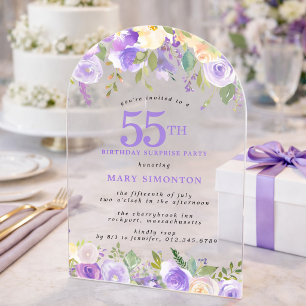 Invitaciones Acrílicas FIESTA SORPRESA Cumpleaños 55 Floral Púrpura Trans