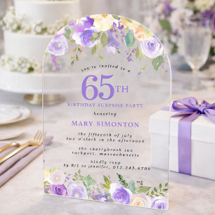 Invitaciones Acrílicas FIESTA SORPRESA Cumpleaños 65 Floral Púrpura Trans