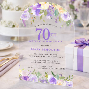 Invitaciones Acrílicas FIESTA SORPRESA Cumpleaños 70 Floral Púrpura Trans
