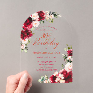 Invitaciones Acrílicas FIESTA SORPRESA Cumpleaños 80 Arco floral rojo ros
