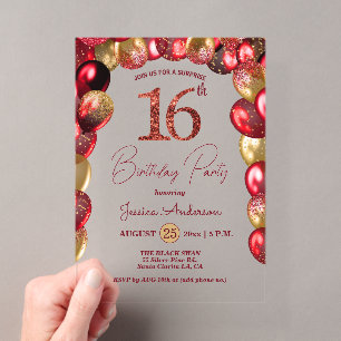 Invitaciones Acrílicas Fiesta sorpresa de 16 cumpleaños dorado burdeos br