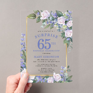 Invitaciones Acrílicas Fiesta sorpresa de cumpleaños 65 Blue White Floral