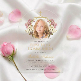 Invitaciones Acrílicas First Communion Girl Photo Floral Pink Gold Cross 