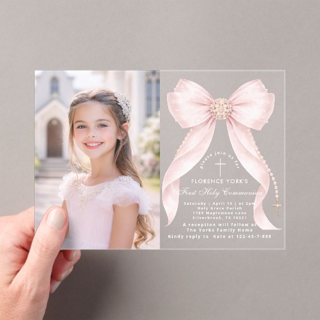 Invitaciones Acrílicas First Holy Communion Blush Pink Bow Christian (Insitu (portátil))