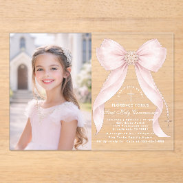 Invitaciones Acrílicas First Holy Communion Blush Pink Bow Christian