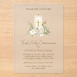 Invitaciones Acrílicas First Holy Communion Candle Bible Greenery