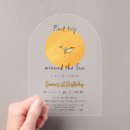 Invitaciones Acrílicas First Trip Around The Sun Paper Airplane Birthday