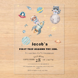 Invitaciones Acrílicas First Trip Around the Sun space Animals Birthday 