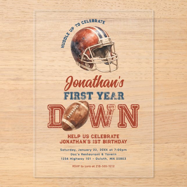 Invitaciones Acrílicas First Year Down Football 1st Birthday (Anverso)