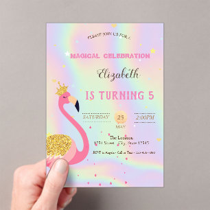 Invitaciones Acrílicas Flamenco Glitter, Cumpleaños Holográfico