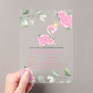 Invitaciones Acrílicas Flamenco Lindo, Hojas, Ducha de Bebé Floral