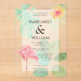 Invitaciones Acrílicas Flamenco Rosa, Hojas tropicales y boda floral