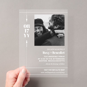 Invitaciones Acrílicas Flechas Elegantes Fecha en Negrita Foto Boda Infor