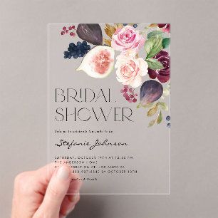 Invitaciones Acrílicas Flor borgoñona acuática y ducha de novia con higo