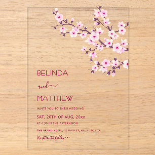 Invitaciones Acrílicas Flor de Cerezo Rosa Claro Boda Casual