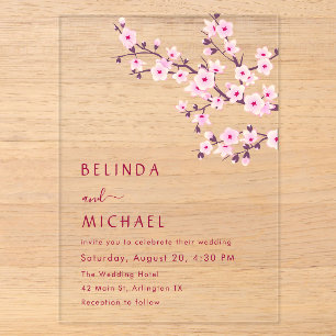 Invitaciones Acrílicas Flor de Cerezo Rosa Claro Boda Casual