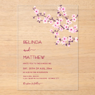 Invitaciones Acrílicas Flor de Cerezo Rosa Claro Boda Casual