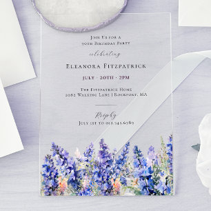Invitaciones Acrílicas Flor de cumpleaños 90 Blue Larkspur Julio