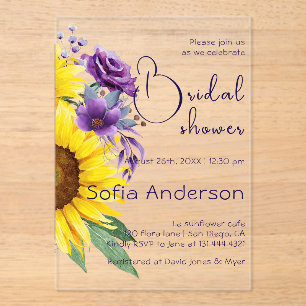 Invitaciones Acrílicas Flor de girasol amarillo púrpura acuarela