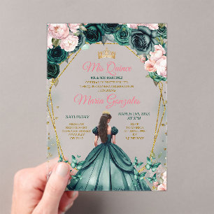 Invitaciones Acrílicas Flor de la Corona de Oro Verde Rosa Quinceañera Em